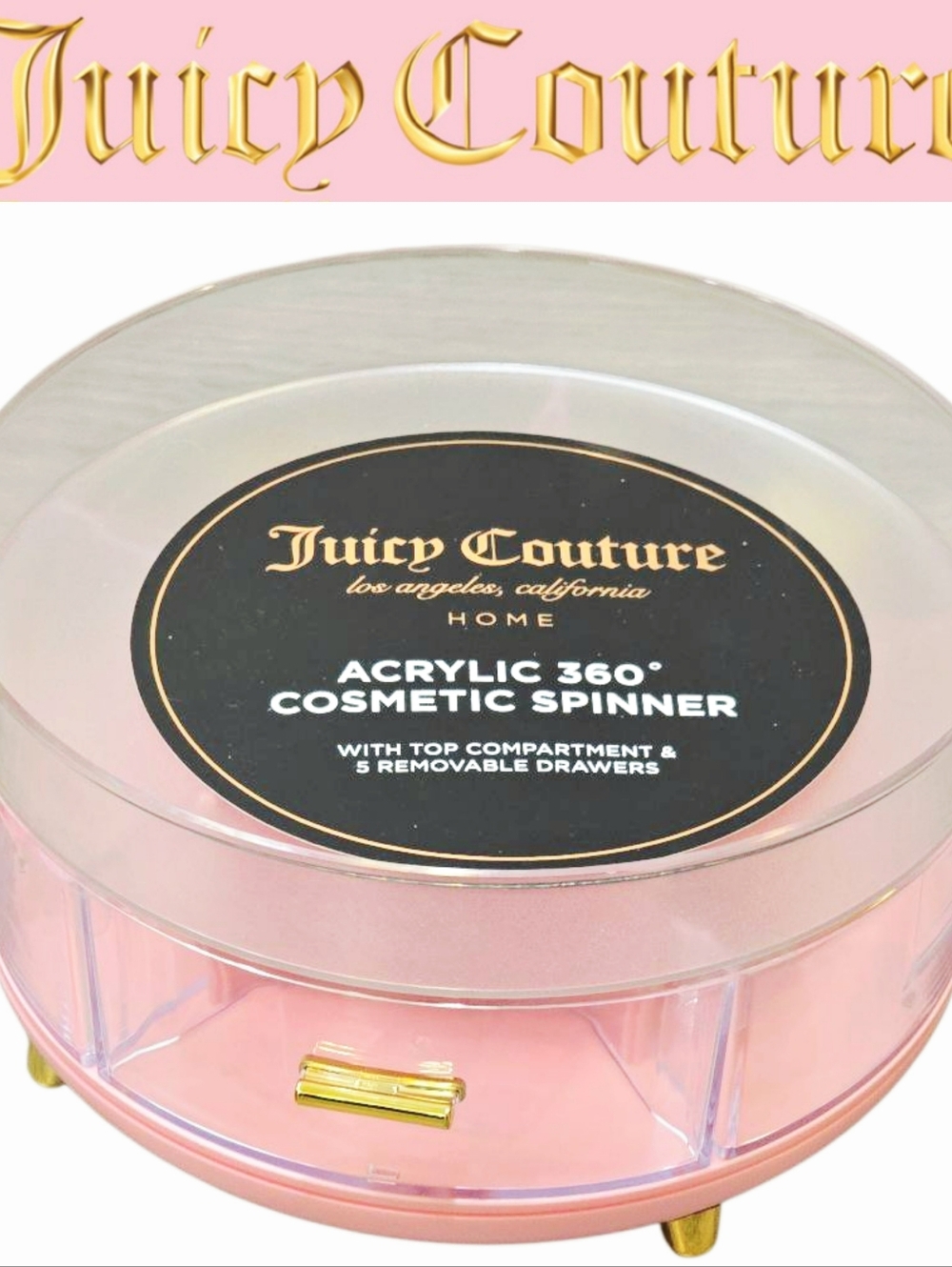 Juicy Couture Home Acrylic 360° Cosmetic Spinner w/Top Compartment/Removable Dra